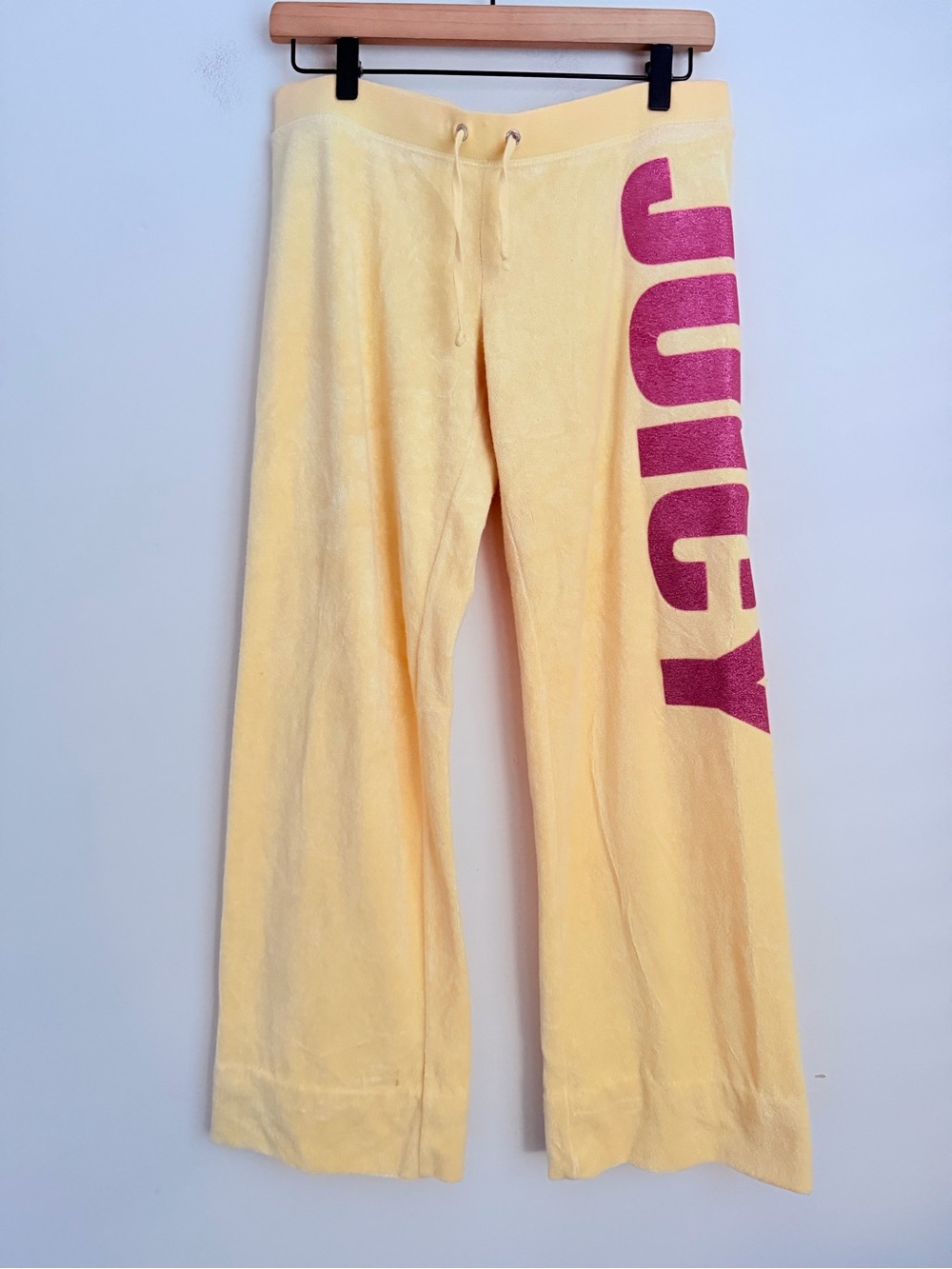 Juicy Couture Yellow Terrycloth Sweatpants Pink Logo spellout wide leg cropped S